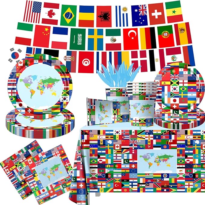 International World Flags Tableware Set, Flags Tablecloth by CMUSKO