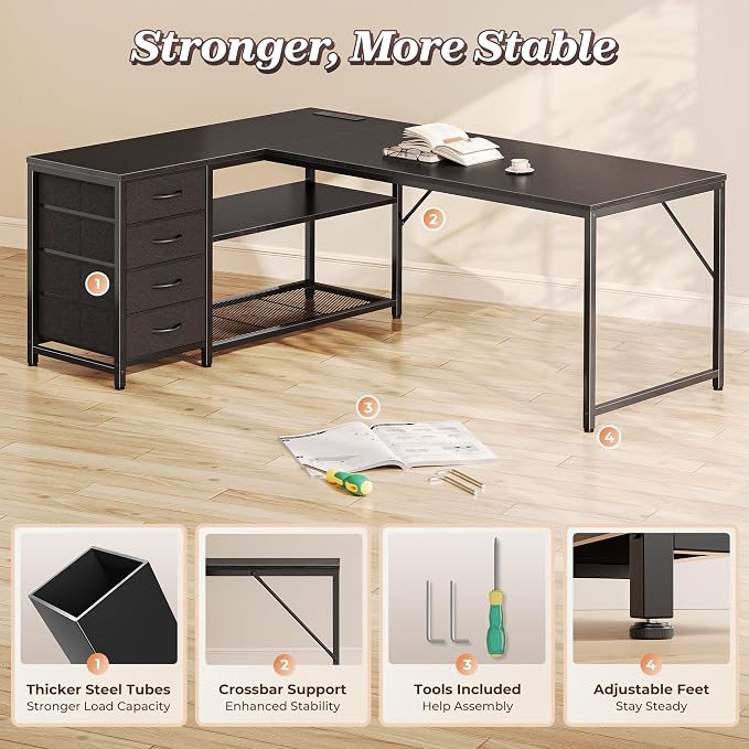 PRAISUN 61" L Shaped Desk with Power Outlets & USB-C Port, Reversible Computer - Image 8