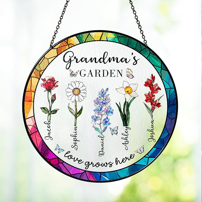 LOVELYPOD Custom Grandma Birth Flowers Stained Glass Window Sun Catcher by LOVELYPOD