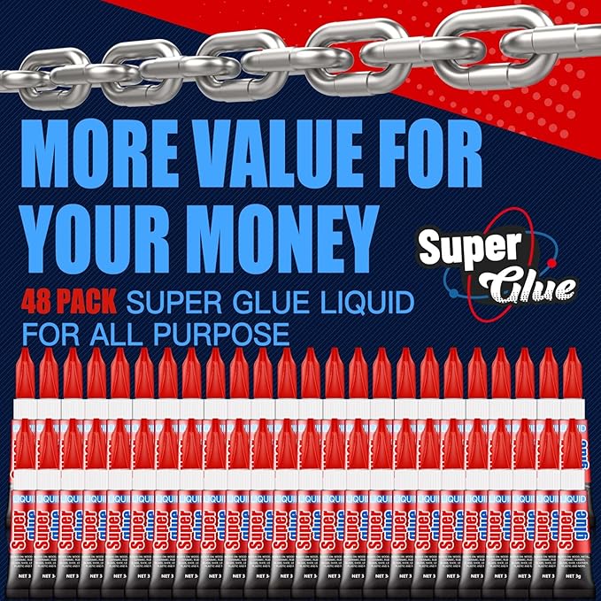 3 Gram (Pack of 48) Single Use Super Glue Liquid, Super Fast, Thin & Strong Adhesive Superglue, Cyanoacrylate Glue for Hard Plastics, DIY Craft, Ceramics, Leather, Metal Etc