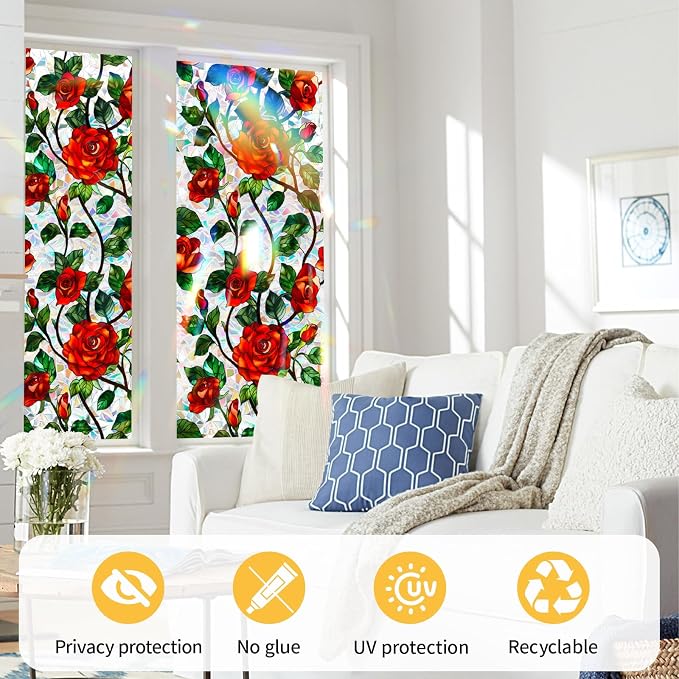 Bloss Rose Stained Glass Windows Film, 23.6x78.7inch 3D Flower Privacy Window - Image 7