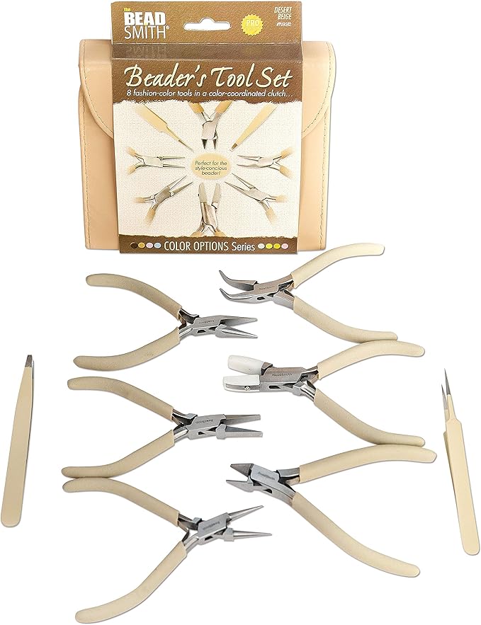 The Beadsmith Fashion Color Pliers – Set of 8 Slimline Color-Coordinated Tools – Matching Clutch in Beige – Jewelry Making Supply Kit to Create Necklaces, Bracelets, Earrings & More