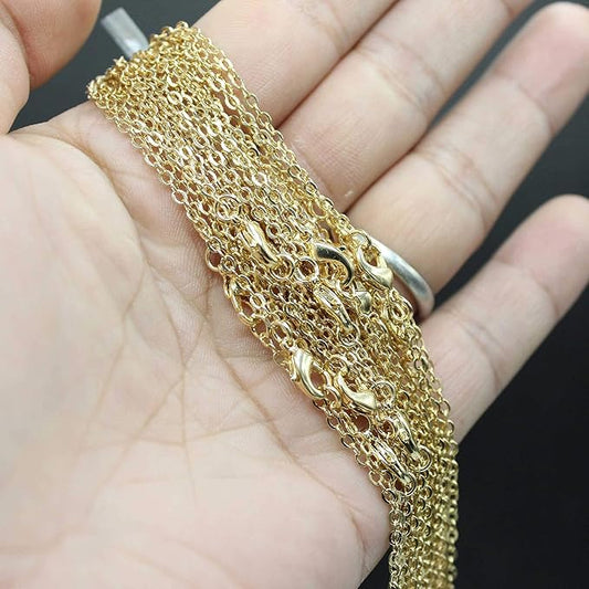 ALEXCRAFT Wholesale 12 PCS Gold Plated Brass Flat Cable Chain Finished Necklace Chains Bulk for Jewelry Making(20 Inch(2MM))