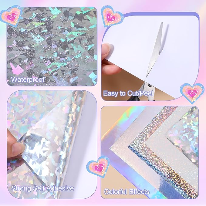 120 Sheets Holographic Sticker Paper, Vinyl Waterproof Laminating Sheets Self-Adhesive Overlay Laminate Sticker Transparent Rainbow Laminate Film 5 Styles Mixed (11 × 8.5 Inch)