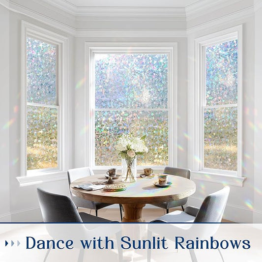 Haton Window Privacy Film, Rainbow Stained Glass Window Clings, 3D Decorative UV Sun Blocking Sticker, Removable Static Cling Heat Control Tint for Home Door, 23.6" x 157.4" Non-Adhesive