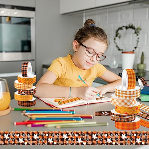 12 Pcs Thanksgiving Washi Tape Fall Maple Leaf Masking Tape Pumpkin Pattern Decorative Paper Sticker for Fall Party Holiday Scrapbook DIY Craft Gift Wrapping Handbook Sticker