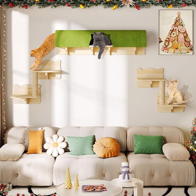 Cat Wall Shelves, 7-in-1 Solid Wood Wall-Mounted Cats Furniture Set - Image 6
