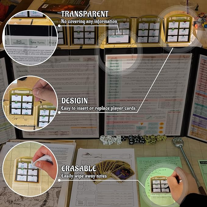 DND Initiative & Combat Tracker Set of 6PCS Erasable Acrylic Top on Screen with Character, Monster Insert Cards DM Tools, Accessories for Dungeons and Dragons, Pathfinder, TTRPGs