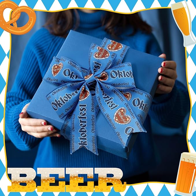 12 Rolls Oktoberfest Wired Edge Ribbon for Wreaths 2.5 Inch x 30 Yards Blue and White Print Grosgrain Ribbon Bavarian German Beer Crafts for Oktoberfest Party Decorative Supplies, 12 Styles