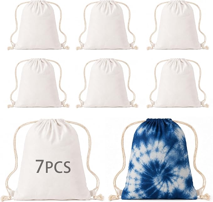 7 PCS 100% Cotton Tie Dye Drawstring Bags Bulk, 14 x 16 Inch White Blank by WelcometoARKBAODAN