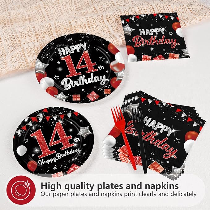 96Pcs Red and Black Party Decorations Happy 14th Birthday Plates and Napkins - Image 4