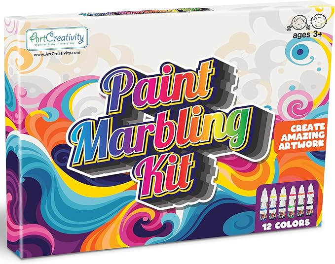 ArtCreativity Water Marbling Paint Art Kit for Kids - Complete Set with 12 Paint Colors, 10 Bags Thickening Powder, 10 A5 Papers, and More - Marble Art Painting Kit - Crafts for Kids Ages 3 and Up