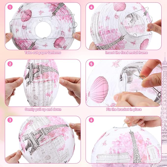 Panelee 12 Pcs Paris Party Decorations Eiffel Tower Pink Paper Lanterns 8 Inch - Image 3