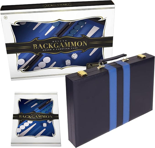 Backgammon Set 15 inch, Medium - Classic Board Game for Adults and Kids with Premium Leather Case - Includes Strategy & Tip Guide (Blue)