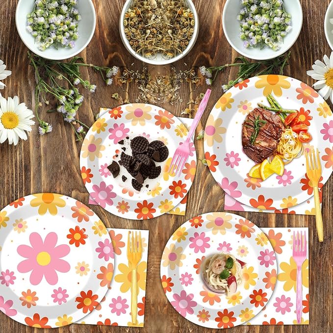 Qyeahkj 50 Guests Groovy Daisy Plates and Napkins Party Supplies Boho Hippie - Image 3