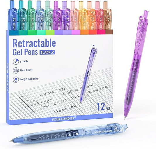 Four Candies 12Pack 0.5mm Black Ink Quick Dry Retractable Gel Pen Set, Cute Transparent Pastel Fine Point Note Taking Aesthetic lnk Pens, Comfort Grip Drawing Writing School Office Home (Black)