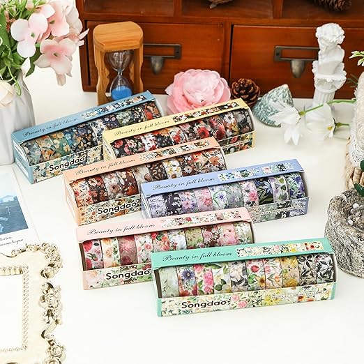 10 Rolls Blooming Flowers Washi Tape Set Floral Arts Adhesive Tapes Colorful Garden Decorative Masking Tape Sets for Craft, Kids, Scrapbook, DIY, Gift Wrapping (2-Romance)