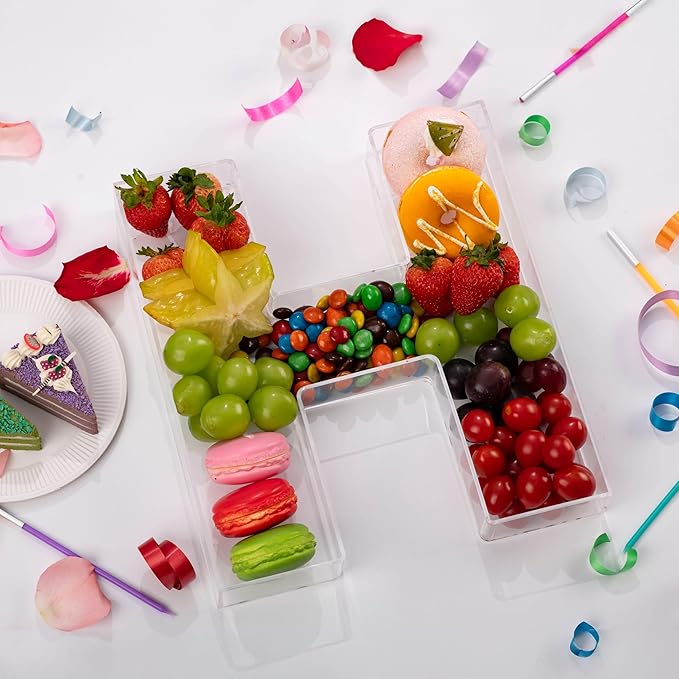 11" Clear Acrylic Letter & Number Charcuterie Tray-Reusable Fillable Alphabet Box for Displaying Candy,Cake,Snacks– Party Dessert Serving Plate for Birthday, Wedding Anniversaries, Baby Shower (H)
