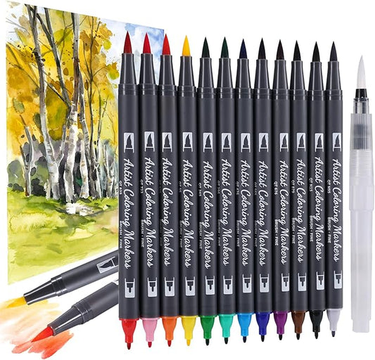 12 Colors Blendable Watercolor Markers 2025 Upgrade Double Tip Paint Pens with 1 Water Brush Pen Water Based Coloring Pens Drawing Markers Set with Flexible Brush Tip for Artists and Beginners