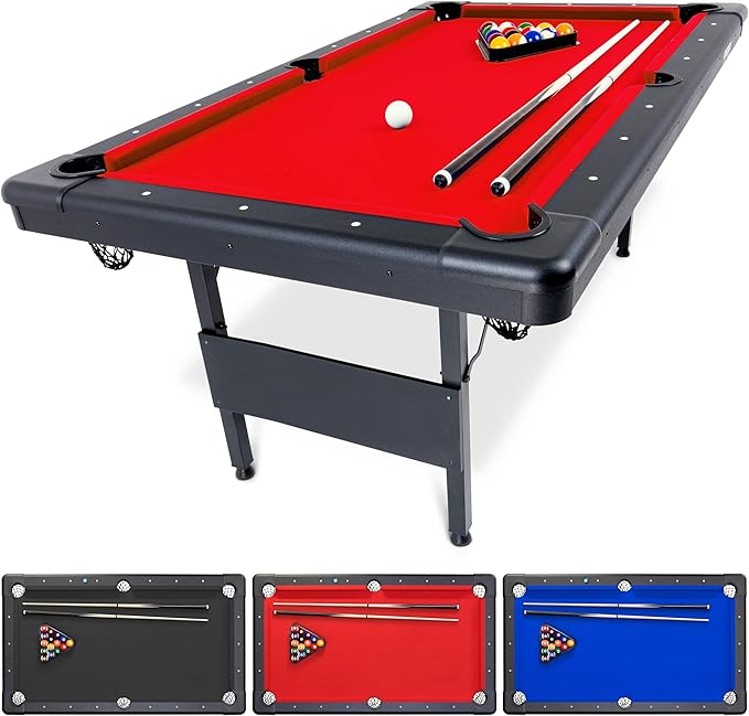 GoSports 6, 7, or 8 ft Billiards Tables - No Assembly, Choose Your Color - Portable Pool Table Includes Full Set of Balls, 2 Cue Sticks, Chalk and Felt Brush