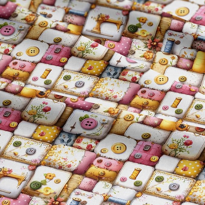 Vintage Sewing Notions Patchwork Cotton Fabric Panel 61 x 36.6 Inches, Buttons - Image 7