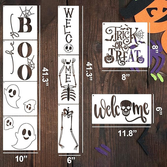 Halloween Stencils for Painting Large Skeleton Welcome Stencil for Porch Sign Reusable Ghost Boo Trick or Treat Templates for Wood Walls Windows Door Mat Fabric Door Hanger