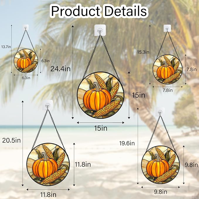 DASTOLL Stained Glass Window Hanging Autumn Harvest Pumpkin Corn Large 11.8" - Image 6