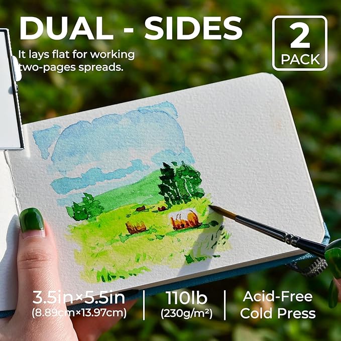 Funto Watercolor Journal, 3.5x5.5, 2 Pack, 24 Sheets Each, Blue Cloth Cover, 110lb/230gsm, Suitable for Techniques and Mixed Media