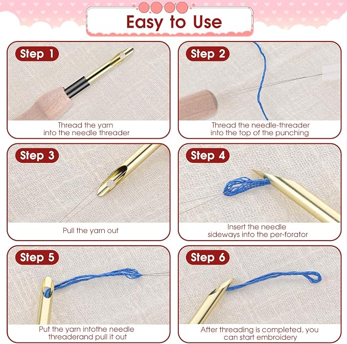 12 Pcs Punch Needle Kit, Embroidery Punch Needle Tool Wooden Handle Embroidery - Image 5