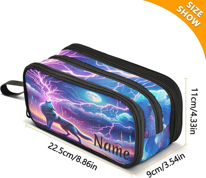 Custom Wolf Howling Moon Lightning Pencil Case Box Boys Girls Personalized Name - Image 4
