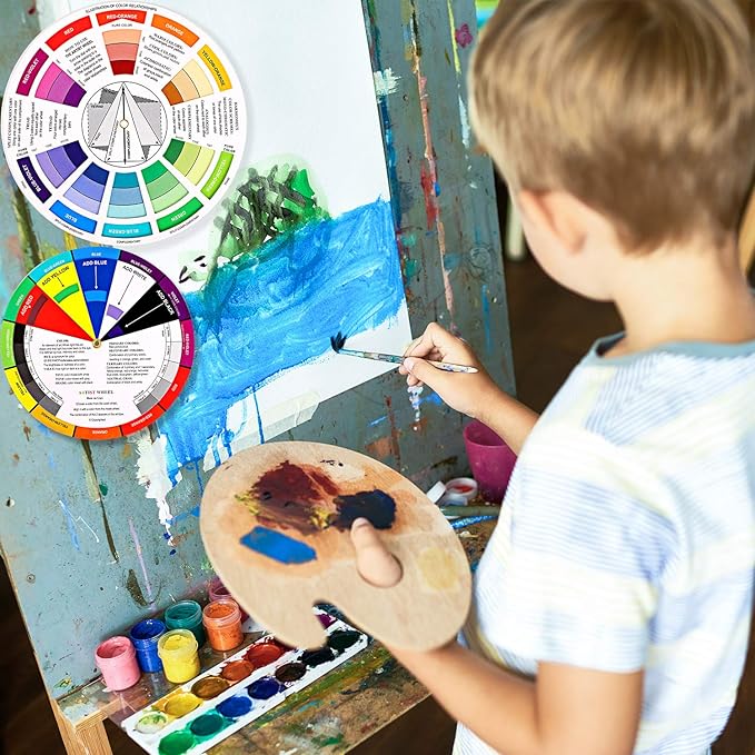 4 Pcs Color Wheel, Paint Mixing Learning Guide Art Class Teaching Tool - Blending Board Chart - Mix Colors (5.5 Inches, 9 Inches)