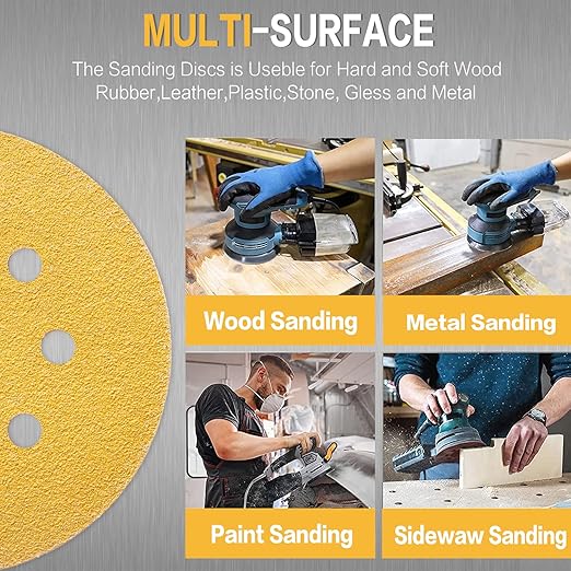 100PCS 5 Inch 8 Hole Sanding Discs 80 Grit,Gold Round Hook and Loop Sandpaper for Random Orbital Sander