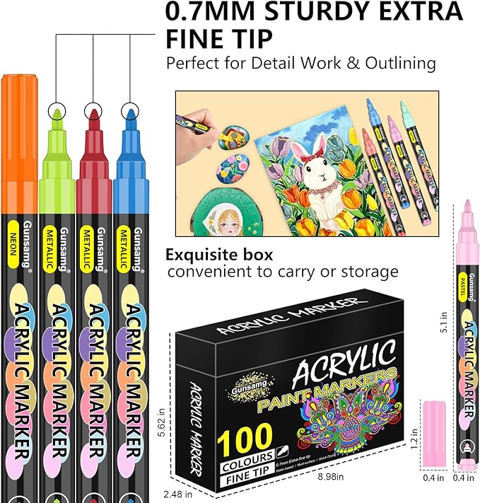 Gunsamg Fine Tip Acrylic Paint Markers – 100 Colors Acrylic Paint Pens for Rock, Glass, Wood, Stone, Ceramic, Fabric, Metal, Canvas – Permanent Waterproof No Bleed Paint Pens for Crafts & Art Supplies