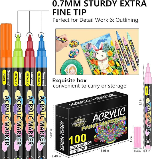 Gunsamg Fine Tip Acrylic Paint Markers – 100 Colors Acrylic Paint Pens for Rock, Glass, Wood, Stone, Ceramic, Fabric, Metal, Canvas – Permanent Waterproof No Bleed Paint Pens for Crafts & Art Supplies