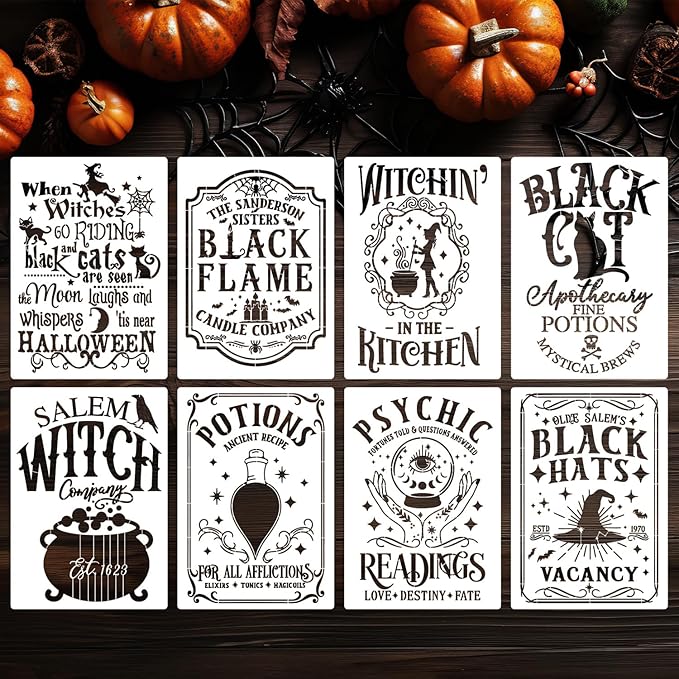Halloween Stencils for Painting 11.7”x8.26” Reusable Halloween Stencil A4 Skeleton Witch Black Cats Draw Templates for Wood Signs Walls Windows Door Mat Fabrics