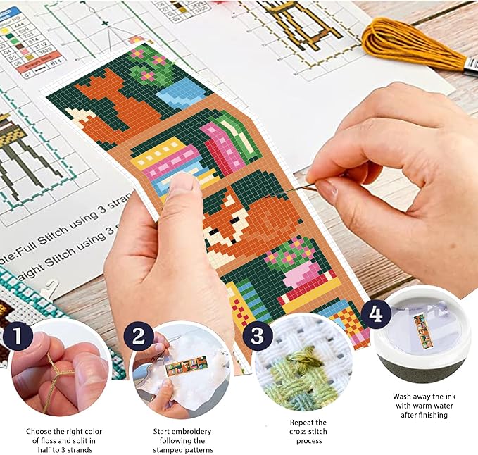 FREEBLOSS 6 Set Cross Stitch Bookmark Kits Fox Bookshelf Pattern Stamped - Image 4