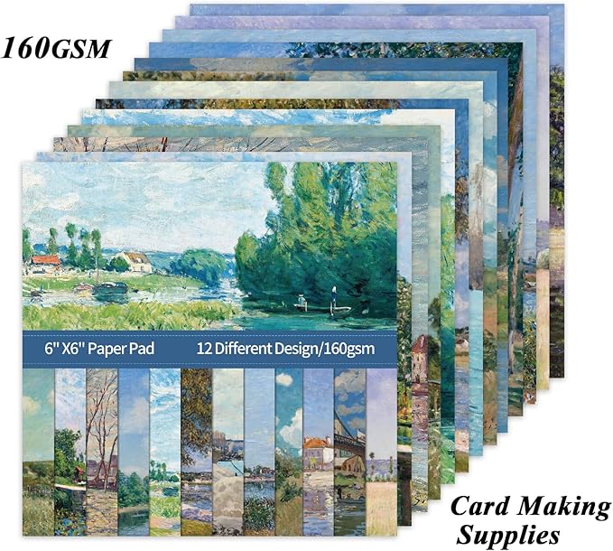 24 Sheets 12 Designs Scrapbook Paper Pad,6"×6” Single-Sided Decopodge Craft Cardstock Paper, Christmas Scrapbooking DIY Decorative Background Cardmaking Supplies.Famous Paintings