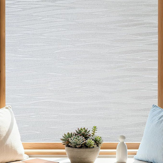 Finnez Frosted Privacy Window Film Static Cling, Non-Adhesive Decorative Cover for Glass Door & Windows, No Glue Removable Clings UV Blocking Waves Design for Home Office 35.4 x 157.4 Inches