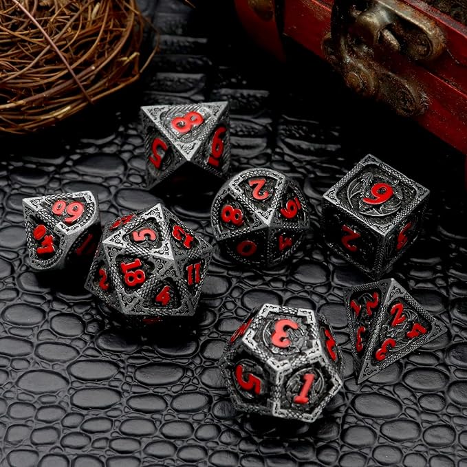 Haxtec Metal DND Dice Set Black Red Dragon D&D Dice Set with Leather Dice Bag Metal Polyhedral Dice Compatible with Dungeons and Dragons Gifts TTRPG Dice