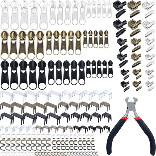 217 Pieces Zipper Repair Kit Replacement, Zipper Pulls, Head Slider, Installation Tools, Stopper Slider Repair Tool Kit for Metal Plastic Nylon Coil Jacket Zippers (Size 8/5/3)