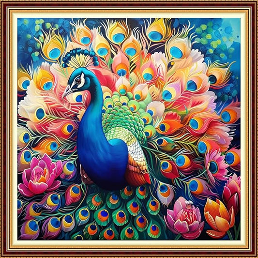 Funchey Stamped Cross Stitch Kits, DIY Cross Stitch Pattern for Adults Beginners Needlepoint Kits Embroidery Kit Arts and Crafts 11CT-Colorful Peacock Flower 18x18 inchs