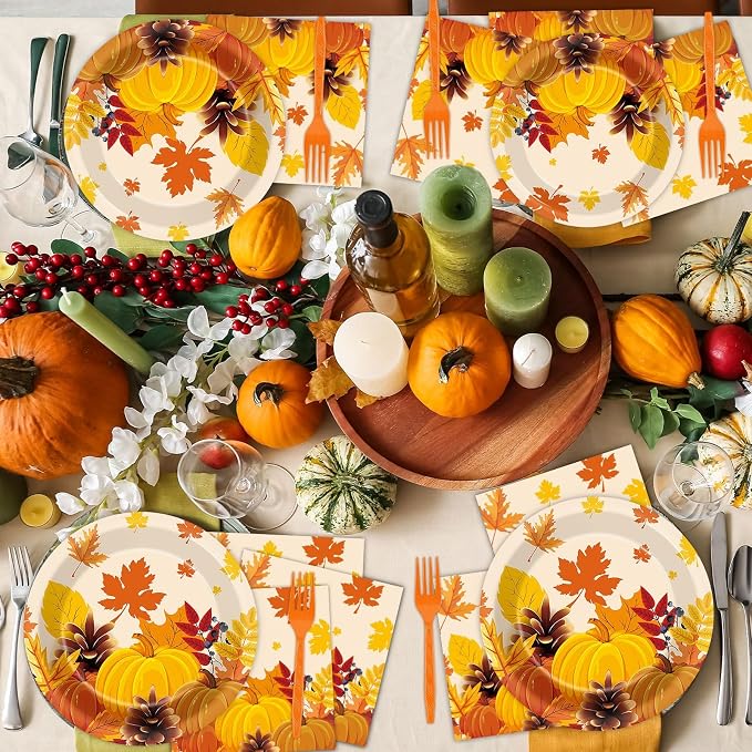 50 Guests Thanksgiving Fall Plates and Napkins Party Supplies Autumn Leaves - Image 6