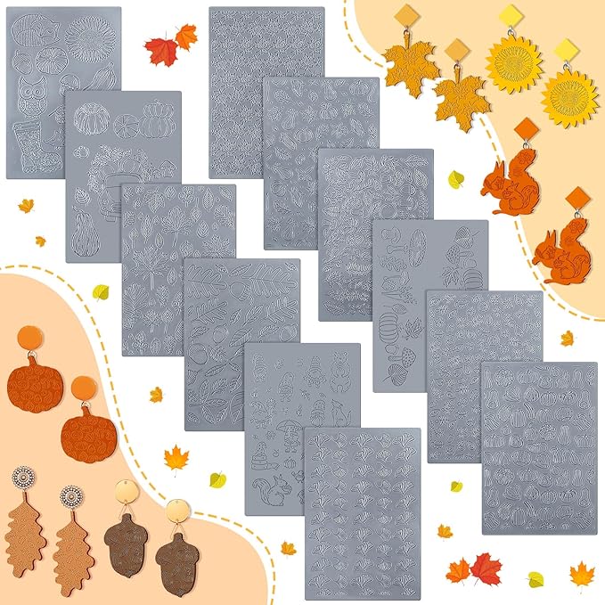 12 Pcs Fall Polymer Clay Texture Sheets Set, Maple Leaves, Pumpkin Miniature Clay Molds Pine Cone Pattern Silicone Polymer Clay Molds for Fall Autumn Thanksgiving Jewelry Earrings Making