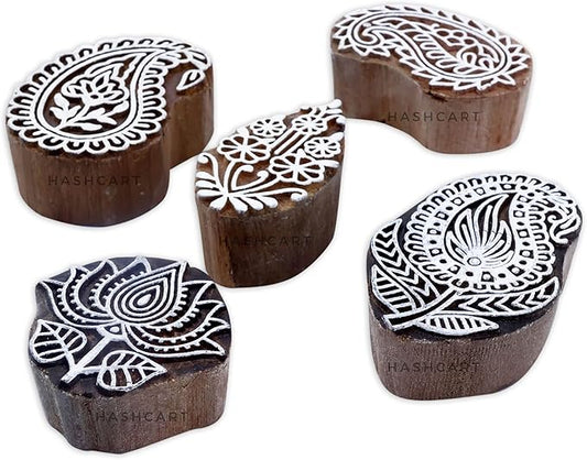 HASHCART® Elegant Designs Flower and Lotus Wooden Block Stamps Set of 5, Handmade Wood Printing Stamps for Kids' Art Projects, Textiles, Fabric, Clay, Henna, Tatotoo, Wood Stamp for Craft