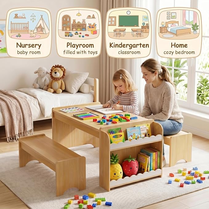 Kids Table and Bench Set, Montessori Kids Table and Chair Set, Indoor Wooden - Image 5