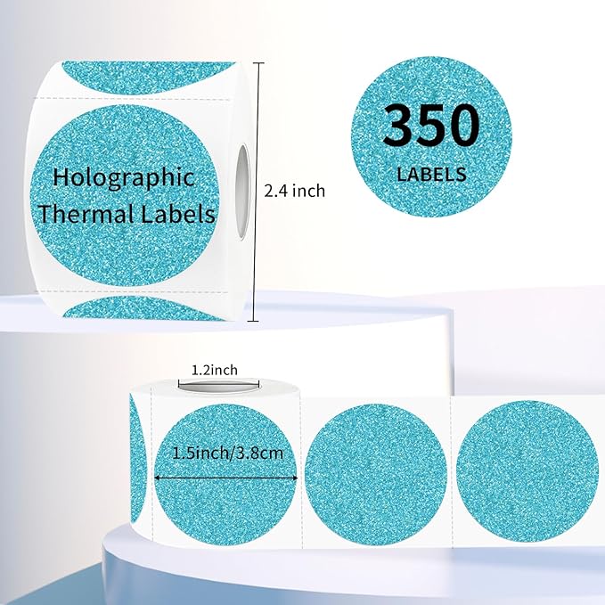 1.5" Holographic Direct Thermal Label Stickers, Round Printable Rainbow Glitter Thermal Printer Sticker Labels for Gift Wrapping, Self-Adhesive DIY Custom Logo Design- Glitter Blue