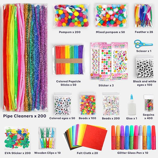 FUNZBO Arts and Crafts Supplies for Kids -Kids Craft Kit with Pipe Cleaners, Popsicle Sticks, Pompoms & Stickers, All in One Homeschool Supplies, Toys Crafts for Girls Boys Age 4+