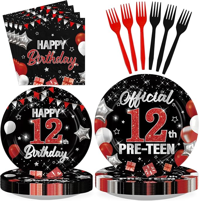 96Pcs Red and Black Party Decorations Happy 12th Birthday Plates and Napkins 12 by Greencian