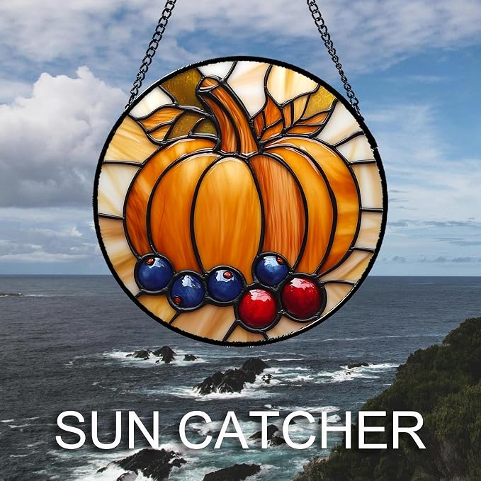 DASTOLL Stained Glass Window Hanging Fall Pumpkin Berries 6.3" - Image 2