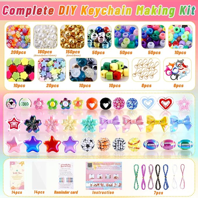 TOHONGADON 883 PCS Bead Keychain Making Kit, Colorful Bead Keychain Kits - Image 2